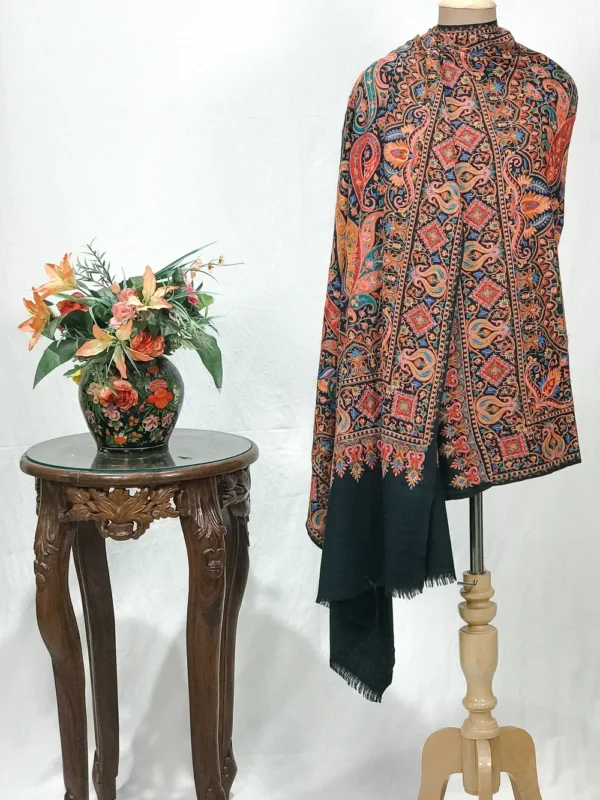 Black Pure Wool Shawl with Sozni Machine Jama Embroidery