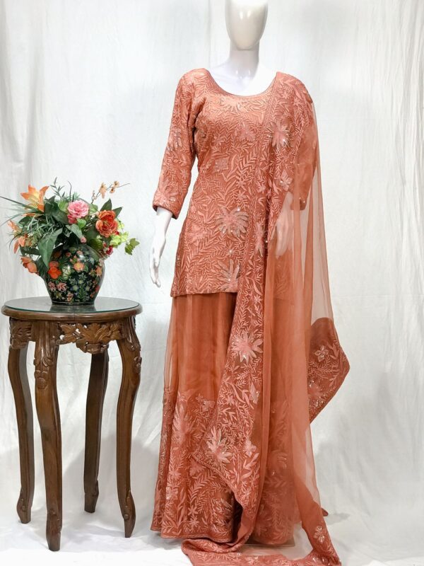 Organza Shirt Dress with Sharara featuring Hand work Aari and Sequence Work