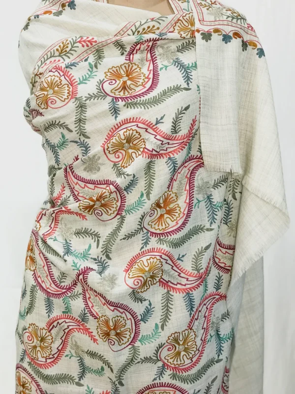 Off-White Pure Wool Shawl with Silk Thread Aari and Zari Jaal Embroidery