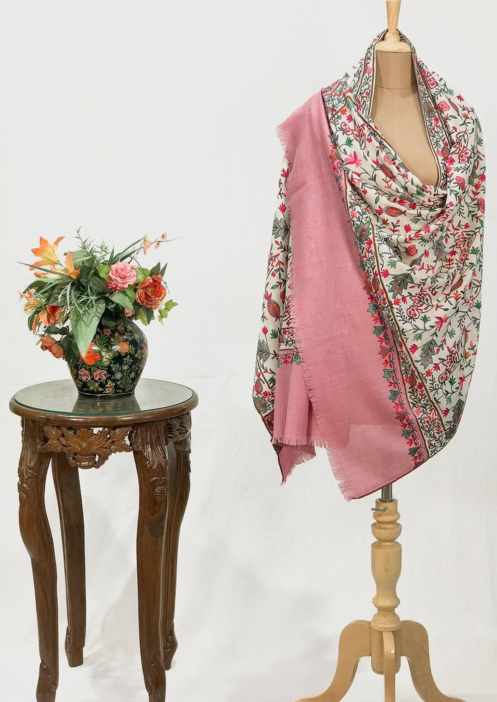 Off-White Pure Wool Shawl with Pink Palla Silk Thread Aari Jaal Embroidery