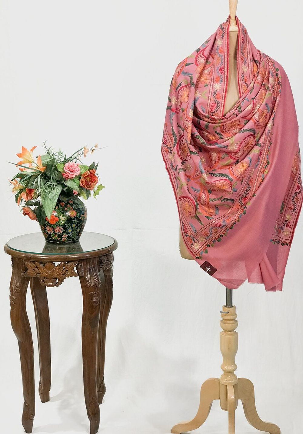 Pink Pure Wool Shawl with Silk Thread Aari and Zari Jaal Embroidery