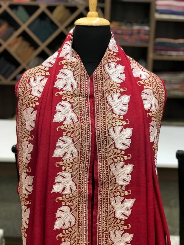 Red Pure Pashmina Shawl With Tilla Embroidery front