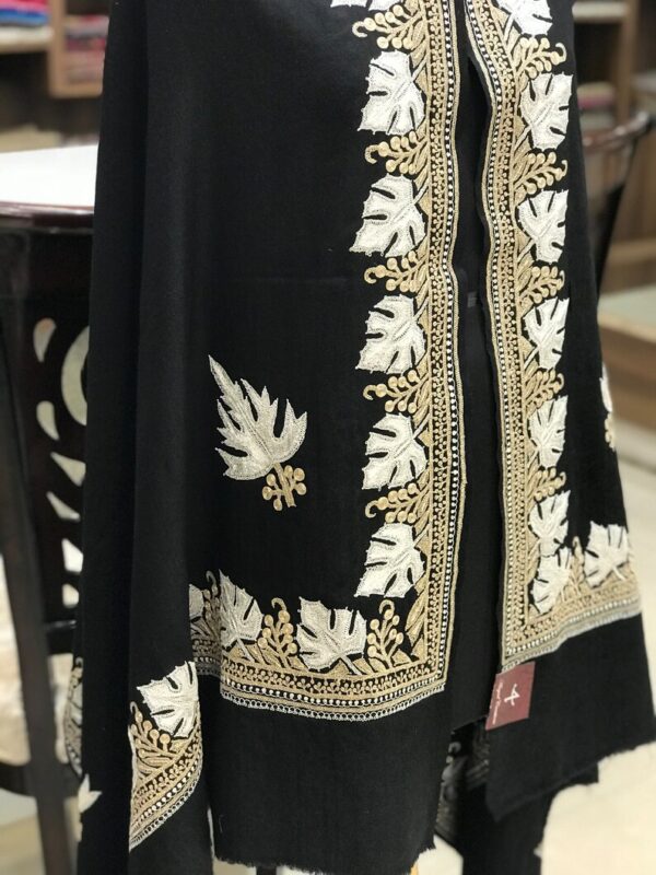 Black Pure Pashmina Shawl With Tilla Embroidery front