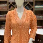 Peach Sequence Collar Dress with Self Floral Embroidery Net Jacket front