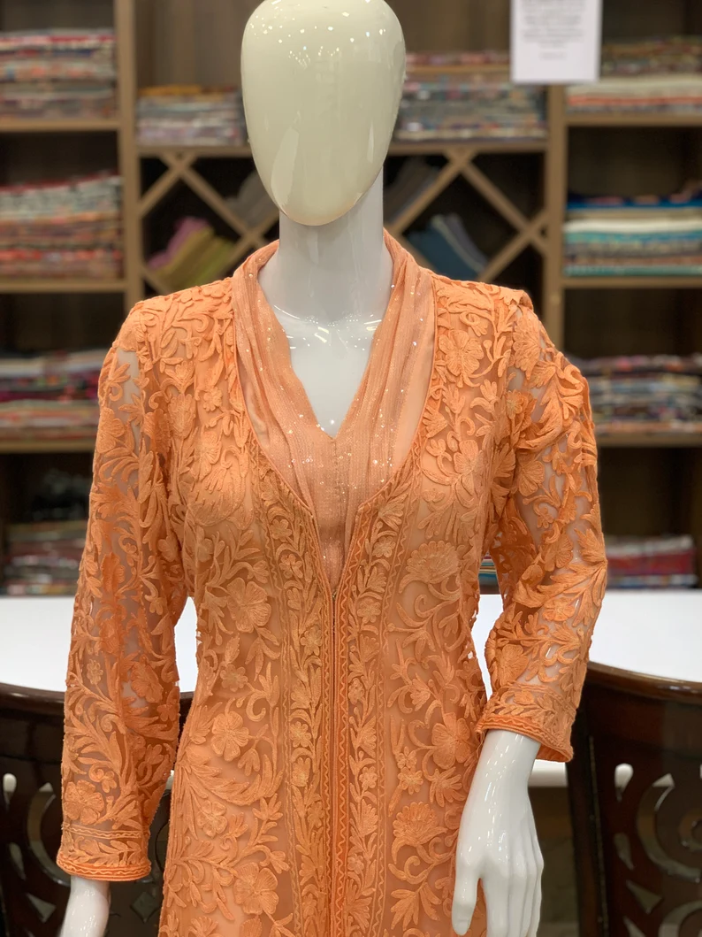 Peach Sequence Collar Dress with Self Floral Embroidery Net Jacket front