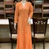 Peach Sequence Collar Dress with Self Floral Embroidery Net Jacket