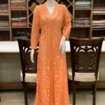 Peach Sequence Collar Dress with Self Floral Embroidery Net Jacket