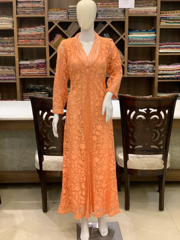 Peach Sequence Collar Dress with Self Floral Embroidery Net Jacket