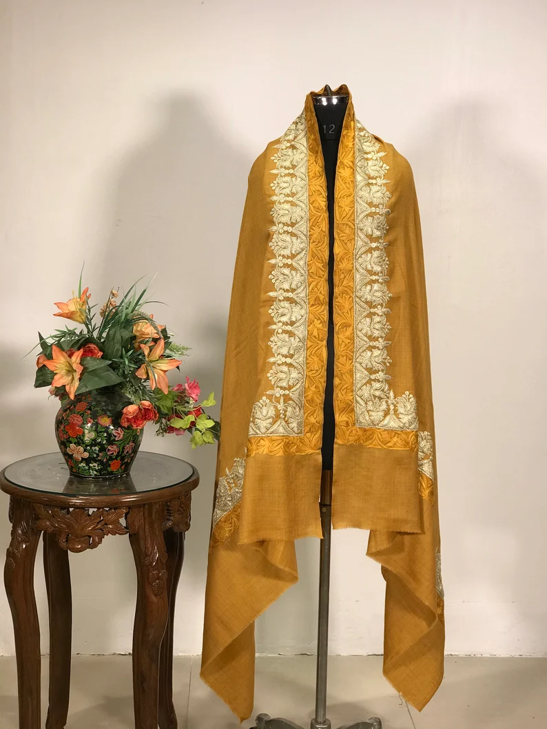 Melange Yellow Pure Wool Shawl with Tilla and Aari Embroidery