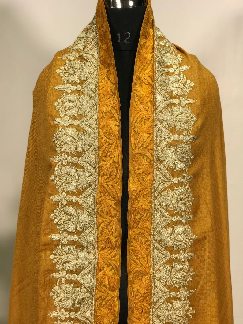 Melange Yellow Pure Wool Shawl with Tilla and Aari Embroidery front
