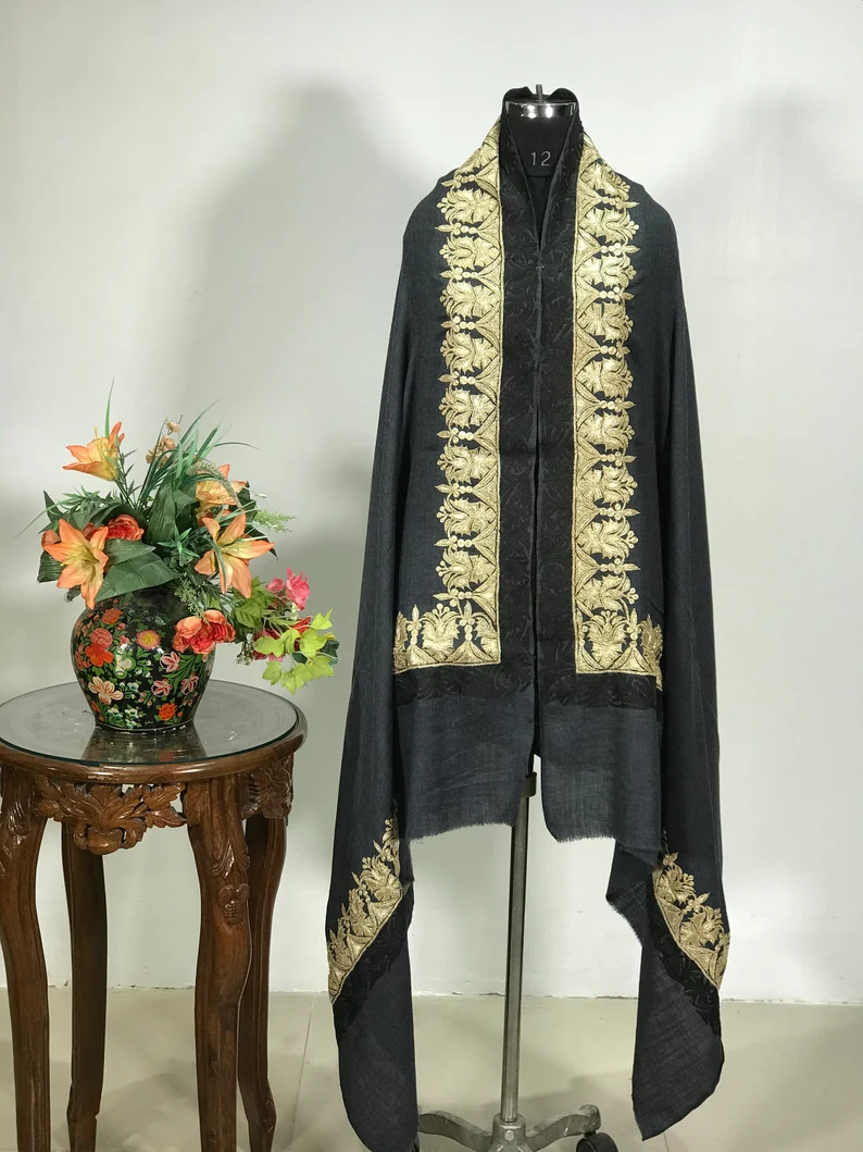 Melange Ash Grey Pure Wool Shawl with Tilla and Aari Embroidery