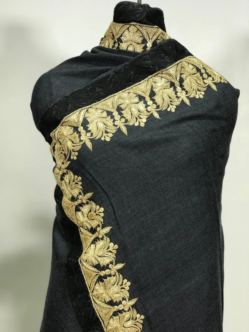 Melange Ash Grey Pure Wool Shawl with Tilla and Aari Embroidery front