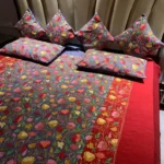 Red and Grey Raw Silk Bed Cover with Kashida Floral Aari Embroidery front