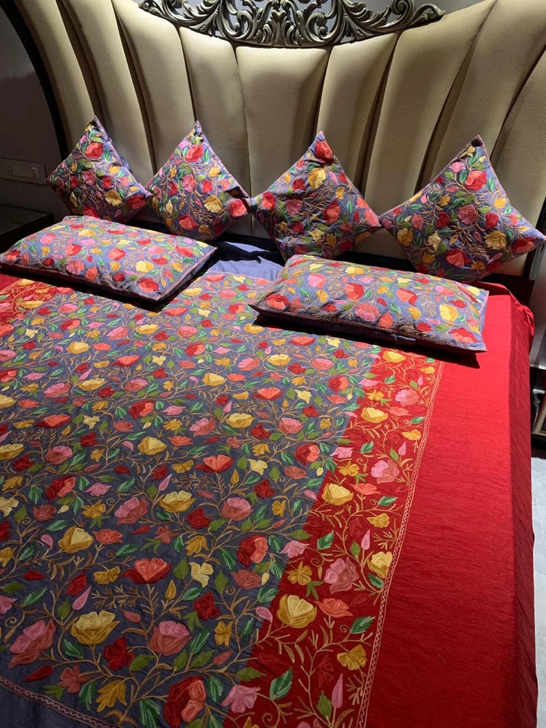 Red and Grey Raw Silk Bed Cover with Kashida Floral Aari Embroidery front