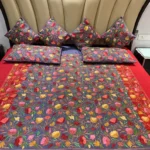 Red and Grey Raw Silk Bed Cover with Kashida Floral Aari Embroidery