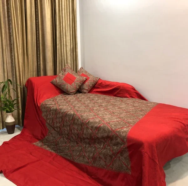 Red Raw Silk Bed Cover with Silk Thread Barfi Embroidery front
