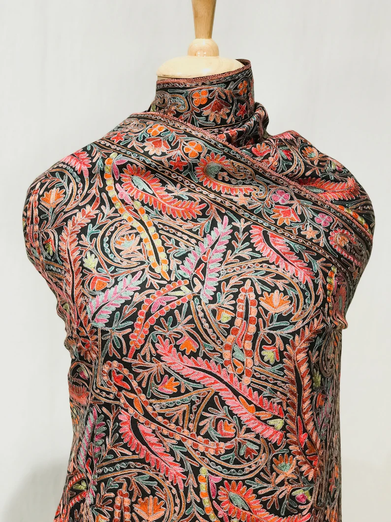 Black Fine Wool Shawl with Silk Thread Aari Jama Embroidery front