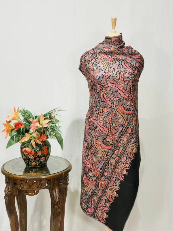 Black Fine Wool Shawl with Silk Thread Aari Jama Embroidery