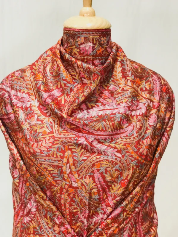 Maroon Fine Wool Shawl with Silk Thread Aari Jama Embroidery front