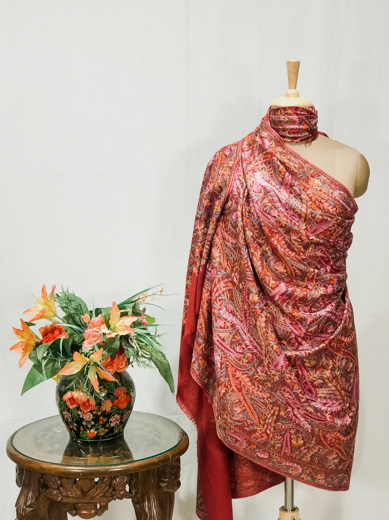 Maroon Fine Wool Shawl with Silk Thread Aari Jama Embroidery