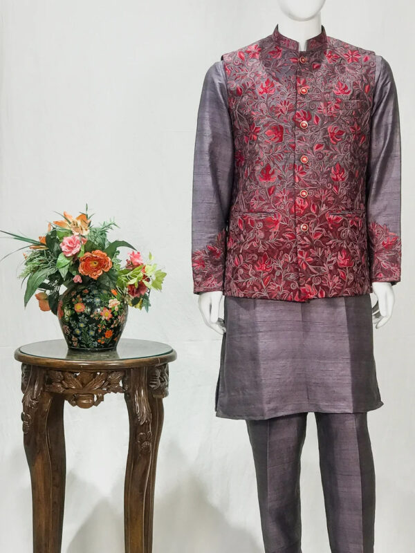 Mauve Pure Raw Silk Nehru Jacket and Kurta Pyjama with Silk Thread Aari Embroidery