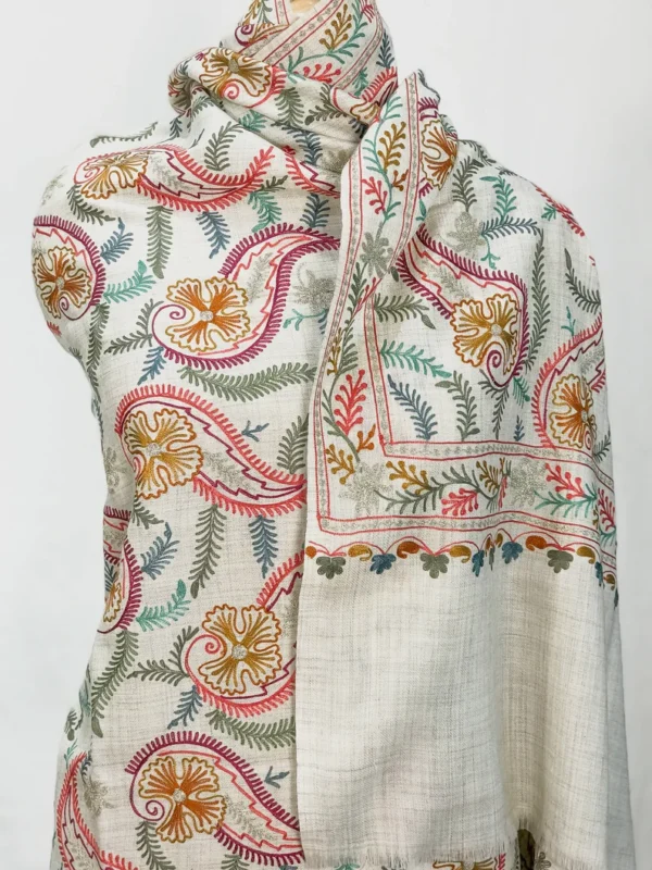 Off-White Pure Wool Shawl with Silk Thread Aari and Zari Jaal Embroidery