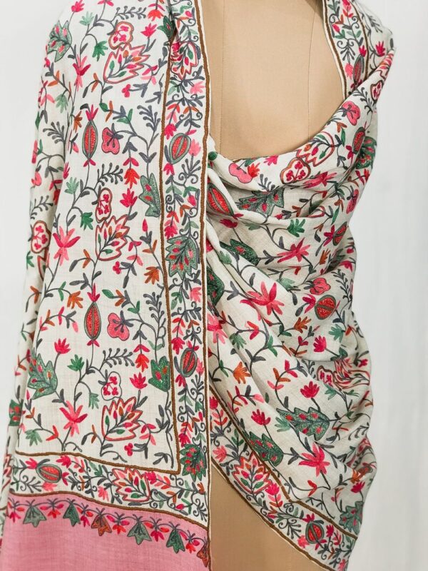 Off-White Pure Wool Shawl with Pink Palla Silk Thread Aari Jaal Embroidery