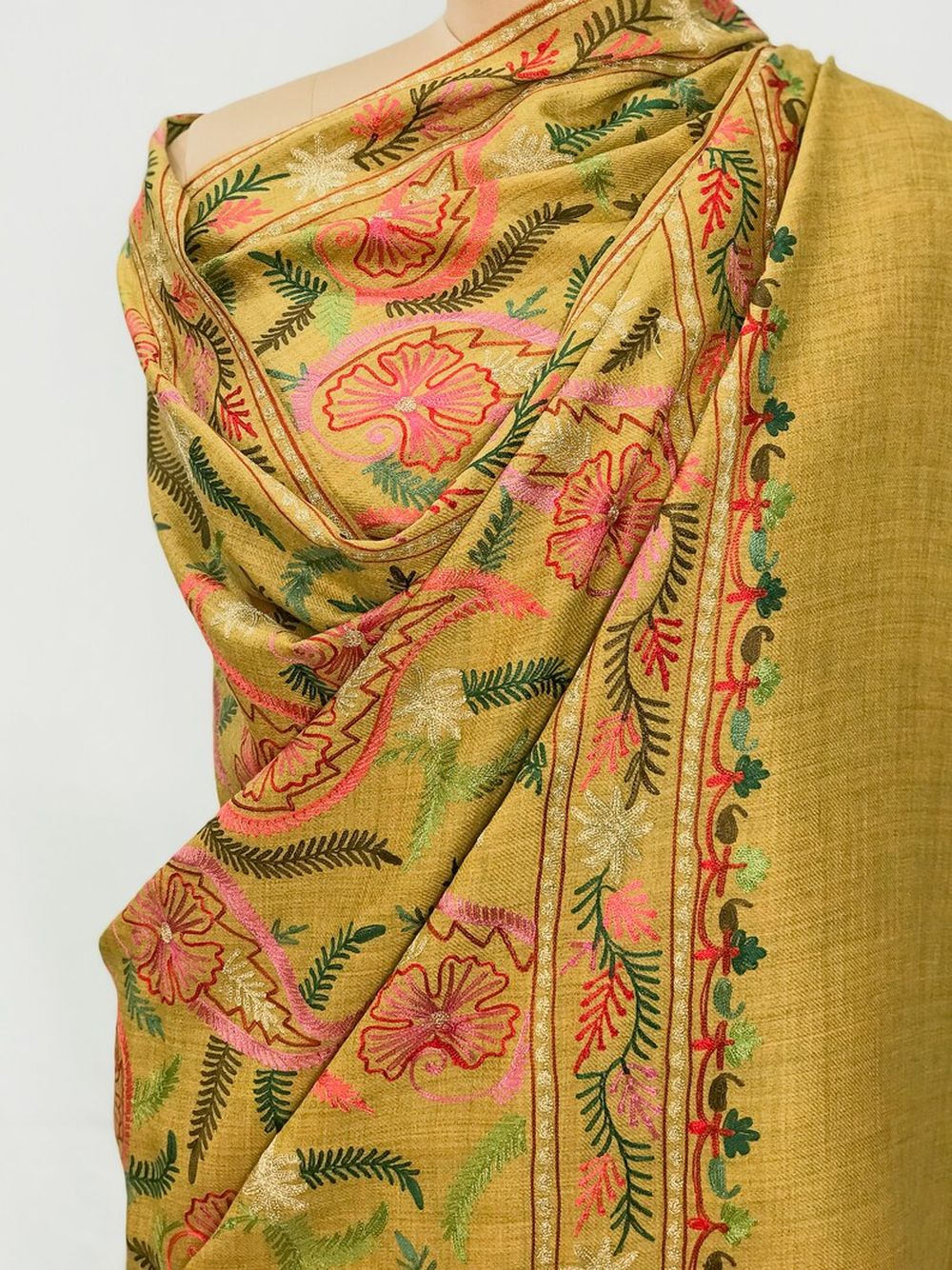 Mustard Pure Wool Shawl with Silk Thread Aari and Zari Jaal Embroidery