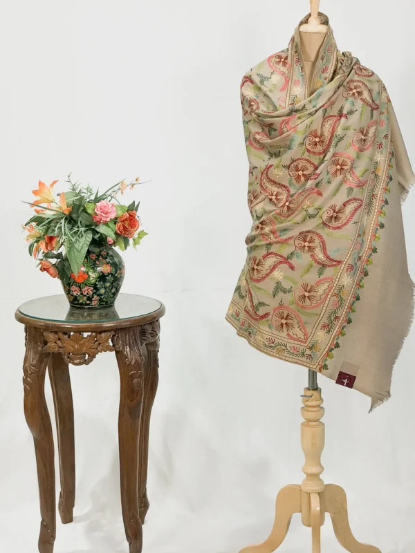 Beige Pure Wool Shawl with Silk Thread Aari and Zari Jaal Embroidery