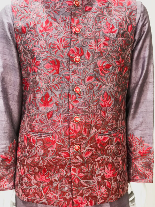 Mauve Pure Raw Silk Nehru Jacket and Kurta Pyjama with Silk Thread Aari Embroidery