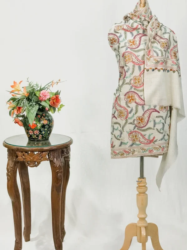 Off-White Pure Wool Shawl with Silk Thread Aari and Zari Jaal Embroidery