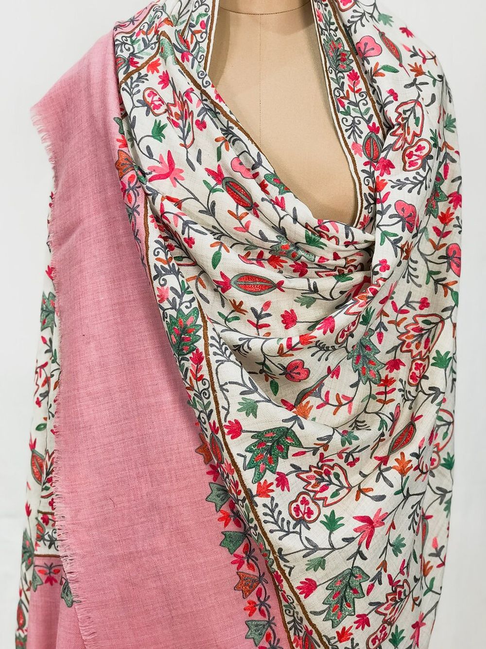Off-White Pure Wool Shawl with Pink Palla Silk Thread Aari Jaal Embroidery