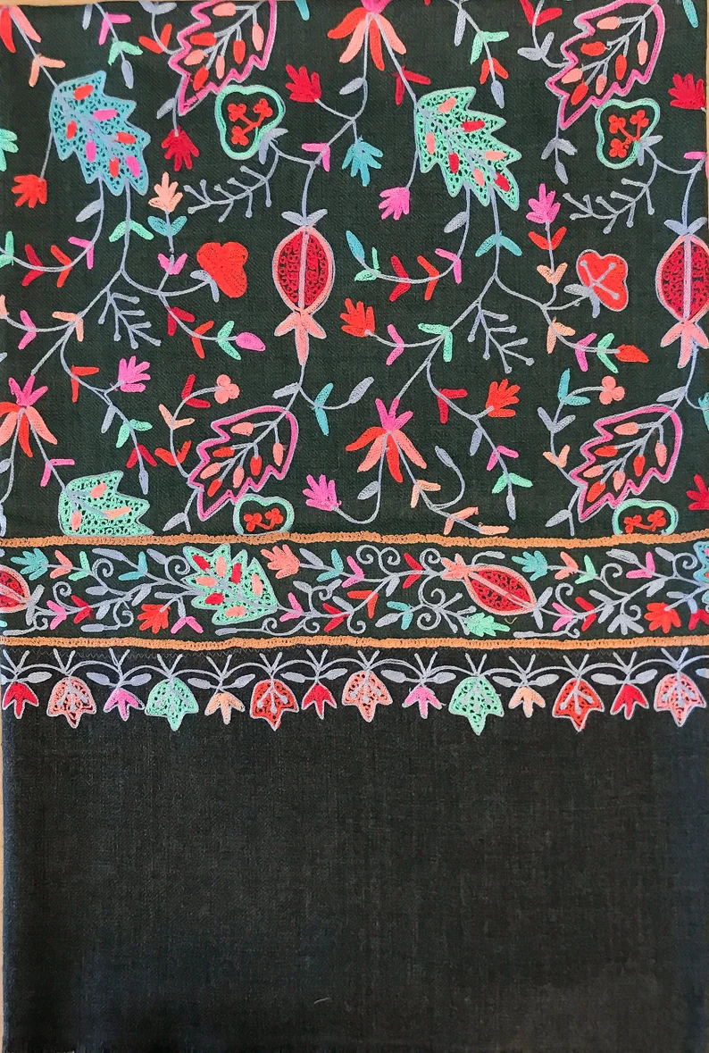 Black Pure Wool Shawl with Silk Thread Aari Jaal Embroidery