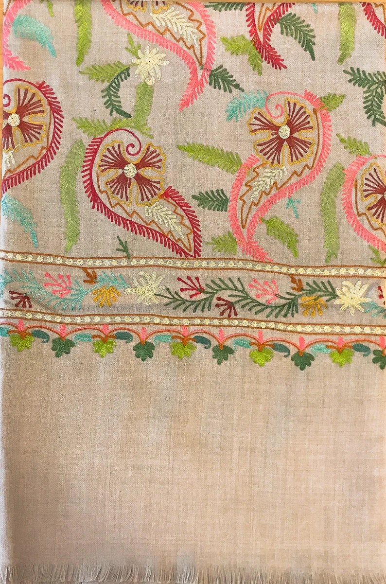 Beige Pure Wool Shawl with Silk Thread Aari and Zari Jaal Embroidery