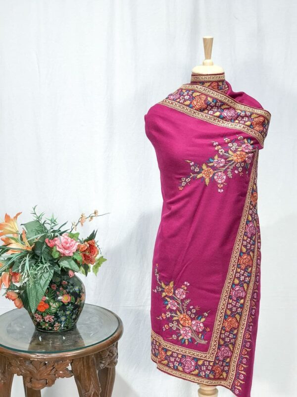 Onion Pink Pure Pashmina Shawl With Papier Mache And Tilla Hand Embroidery Fusion