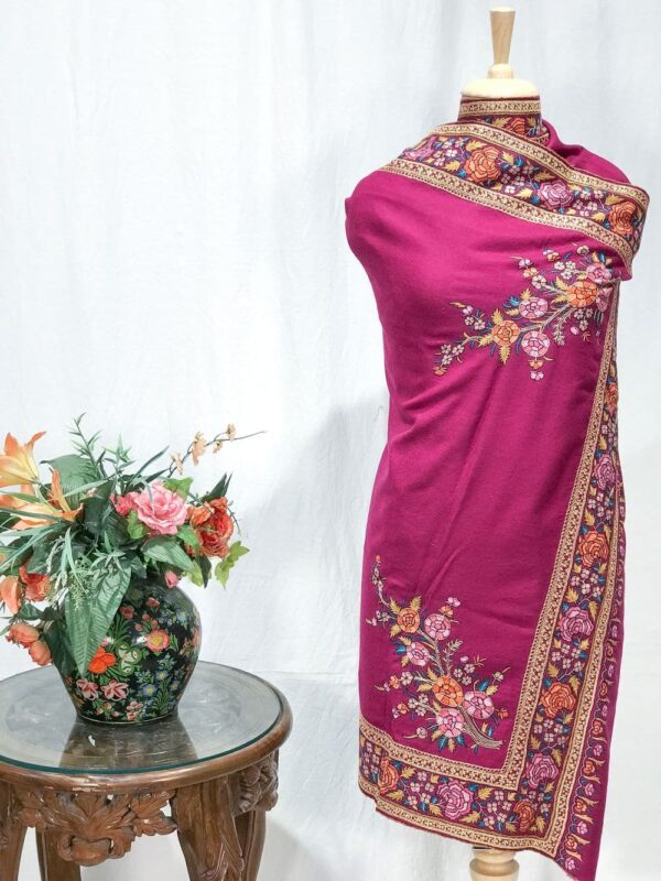 Onion Pink Pure Pashmina Shawl With Papier Mache And Tilla Hand Embroidery Fusion