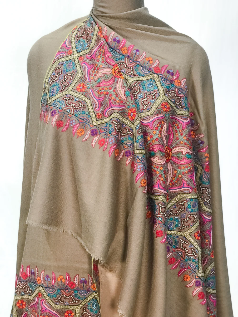 Beige Papier Mache Hand Embroidered Pure Pashmina Shawl front