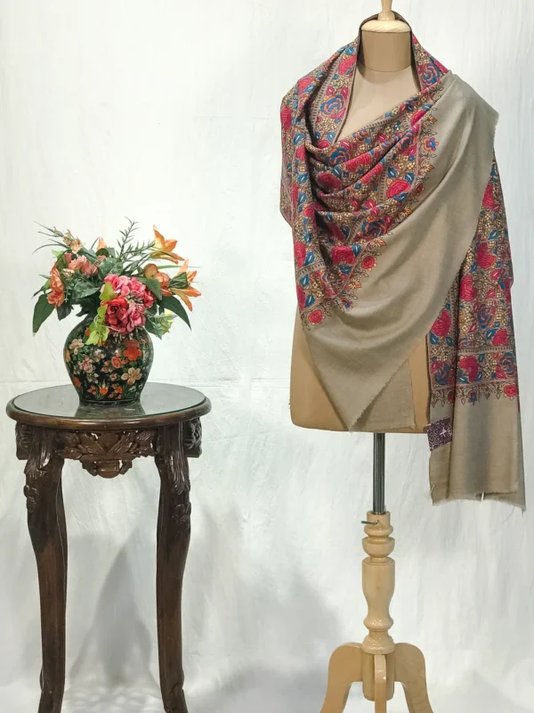 Fawn Pure Pashmina Shawl With Papier Mache Jama Hand Embroidery
