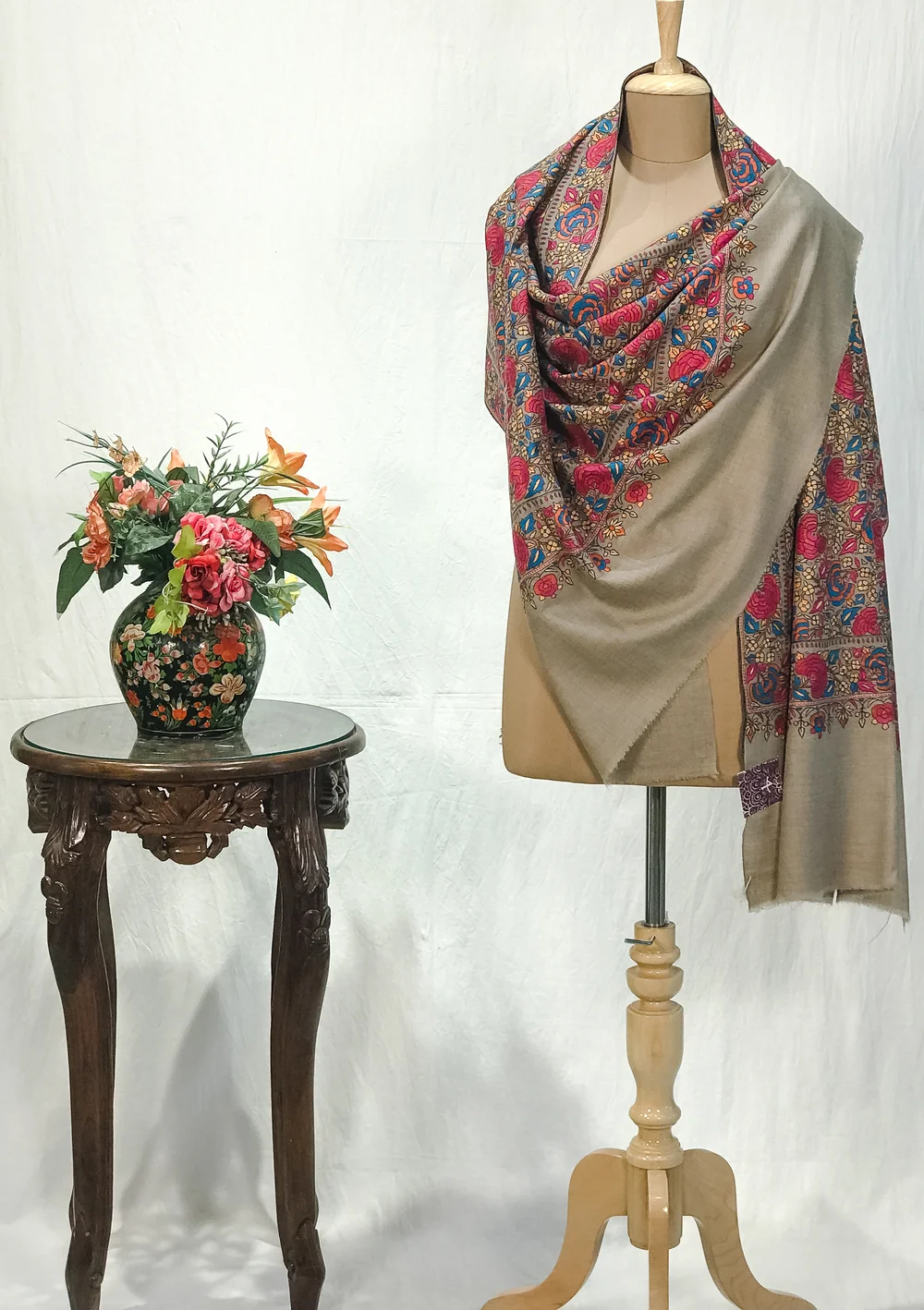 Fawn Pure Pashmina Shawl With Papier Mache Jama Hand Embroidery