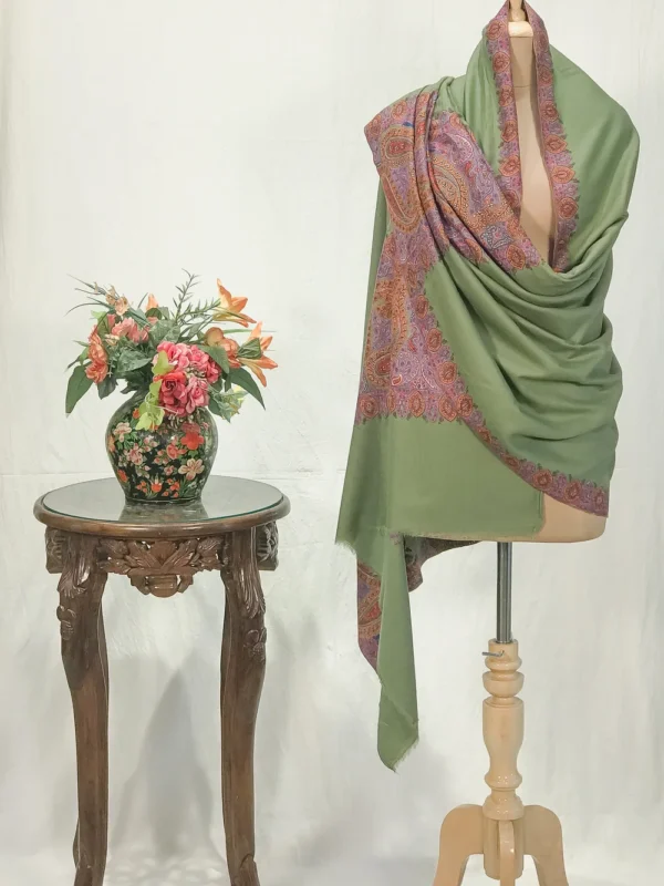 Olive Green Pure Pashmina Shawl With Sozni hand Embroidery