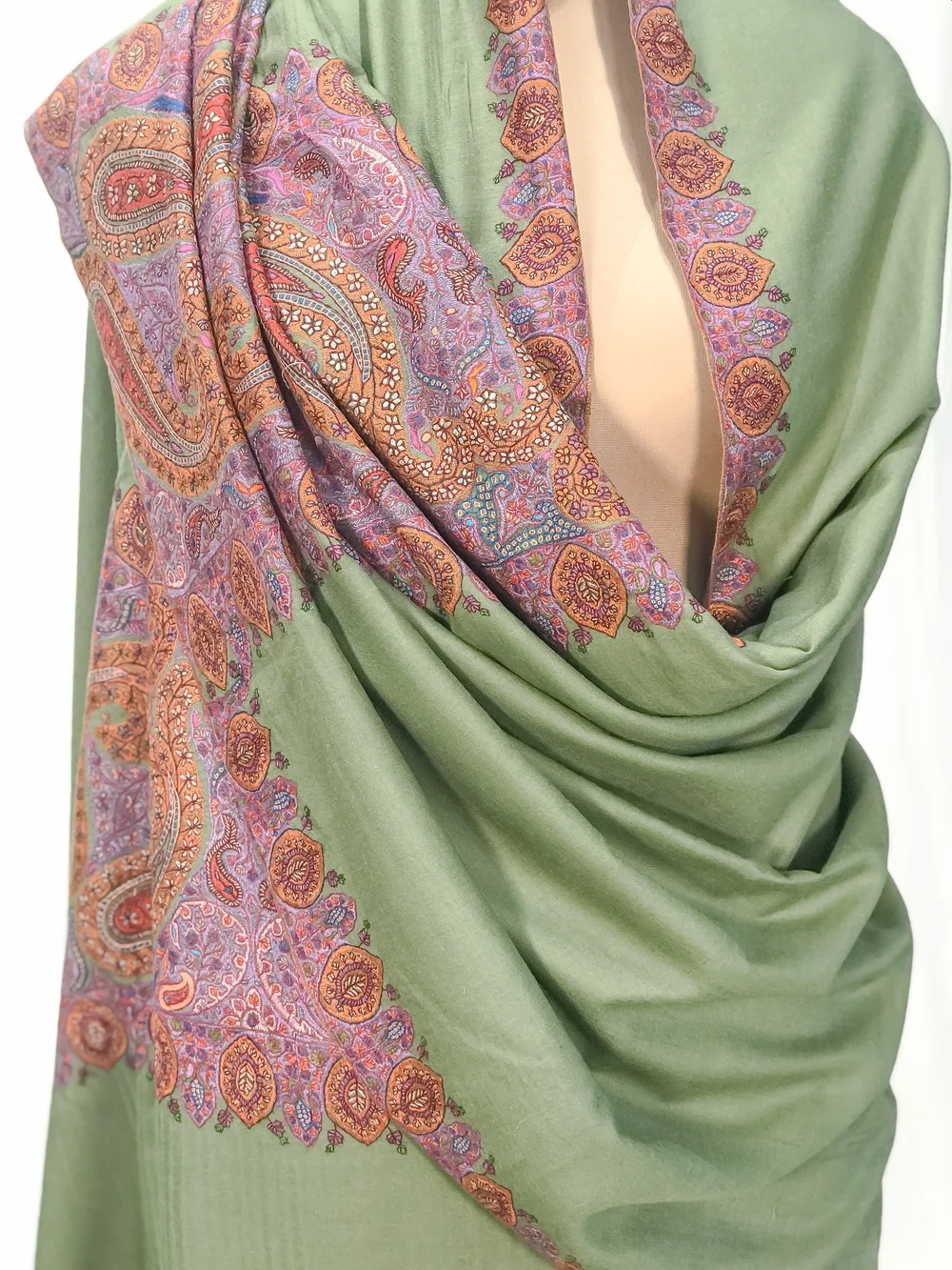 Olive Green Pure Pashmina Shawl With Sozni hand Embroidery front