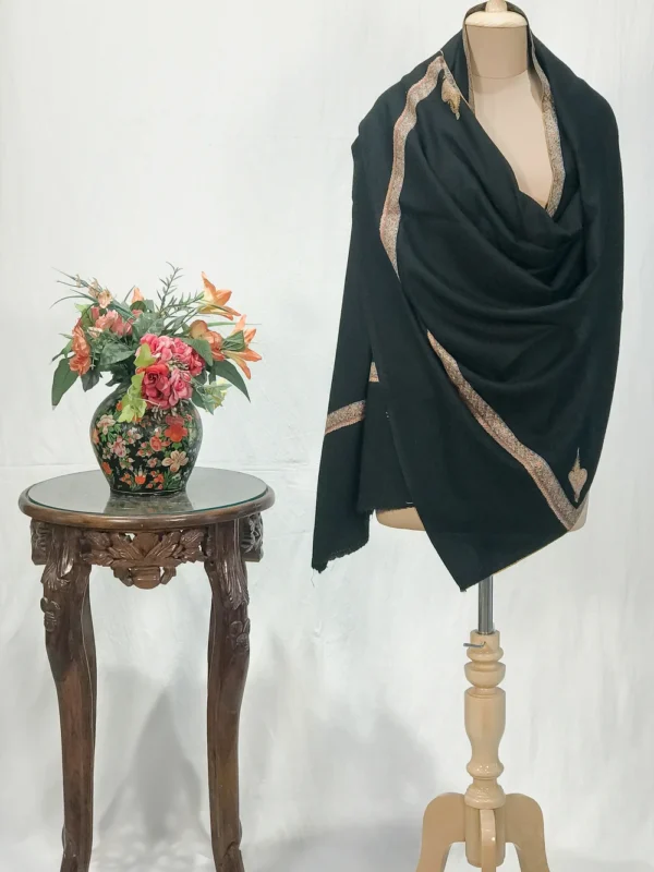 Midnight Black Pure Pashmina Shawl With Sozni hand Embroidery