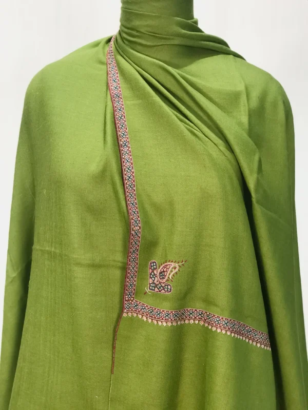 Green Pure Pashmina Shawl With Sozni hand Embroidery front