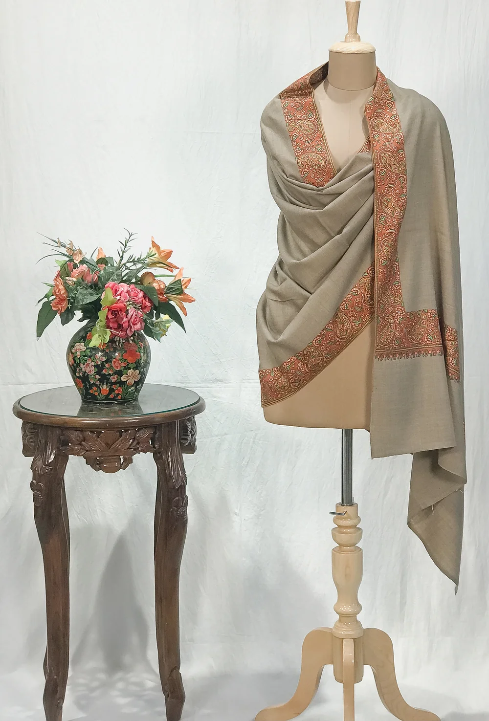 Beige Pure Pashmina Shawl With Intricate Sozni hand Embroidery