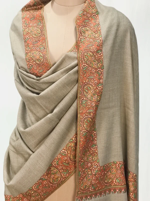 Beige Pure Pashmina Shawl With Intricate Sozni hand Embroidery front