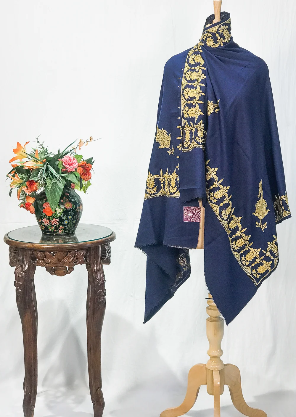 Navy Blue Pure Pashmina Shawl With Hand Tilla Embroidery
