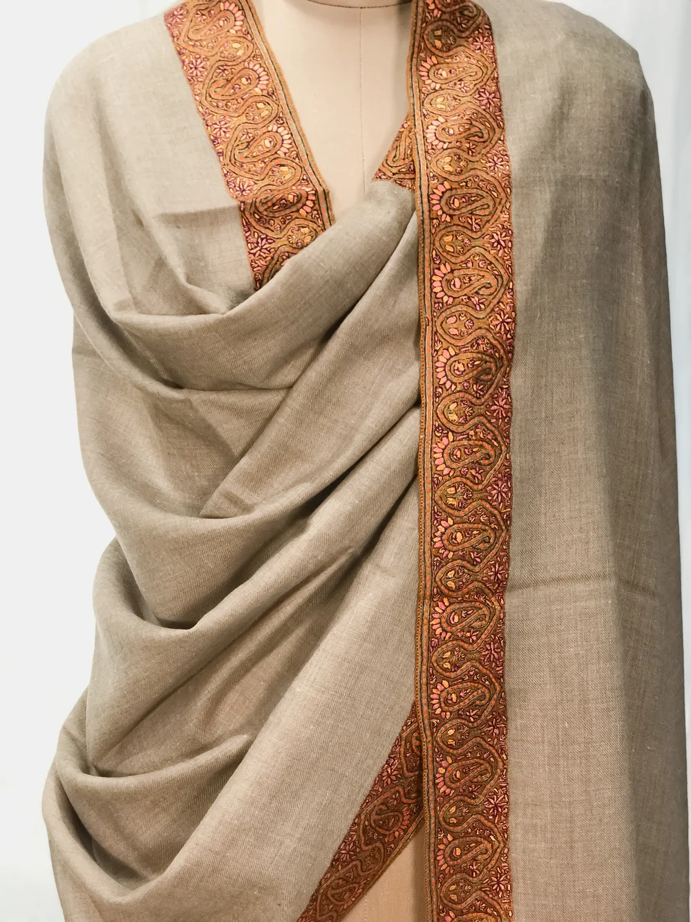 Fawn Pure Pashmina Shawl With Sozni hand Embroidery front