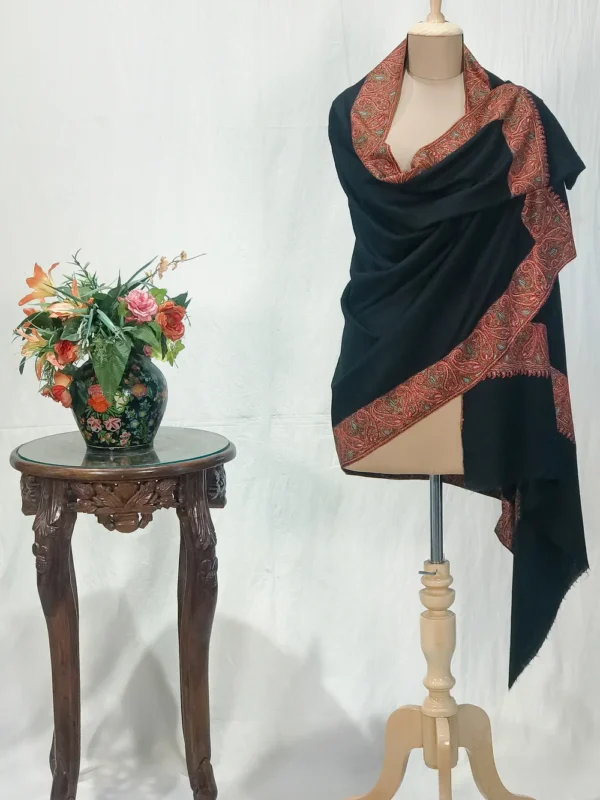 Black Pure Pashmina Shawl With Intricate Sozni hand Embroidery