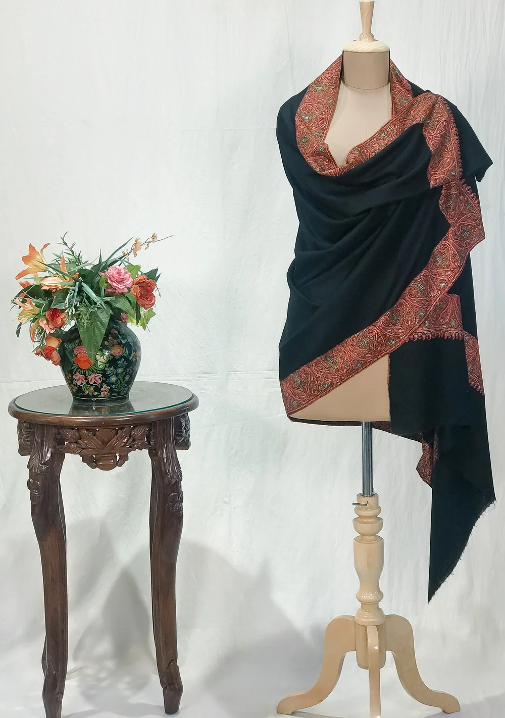Black Pure Pashmina Shawl With Intricate Sozni hand Embroidery
