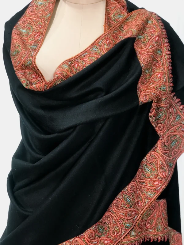 Black Pure Pashmina Shawl With Intricate Sozni hand Embroidery front